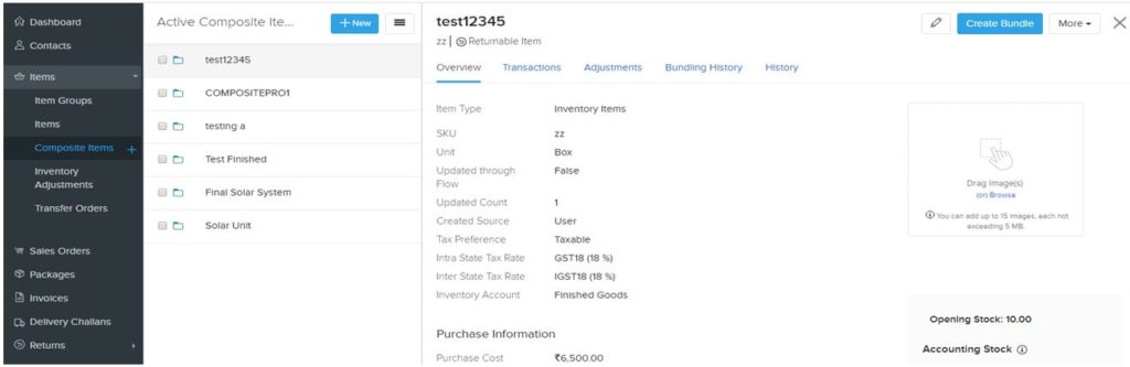 Zoho inventory create Items