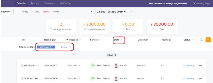 List view and calendar view of all booking