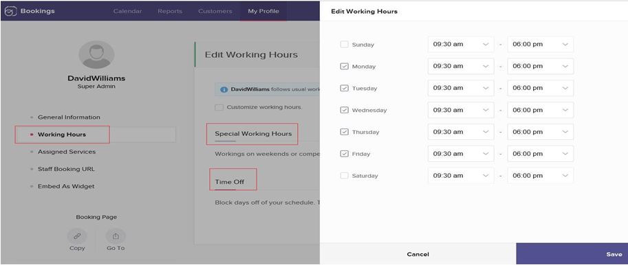 Zoho booking customize working hours