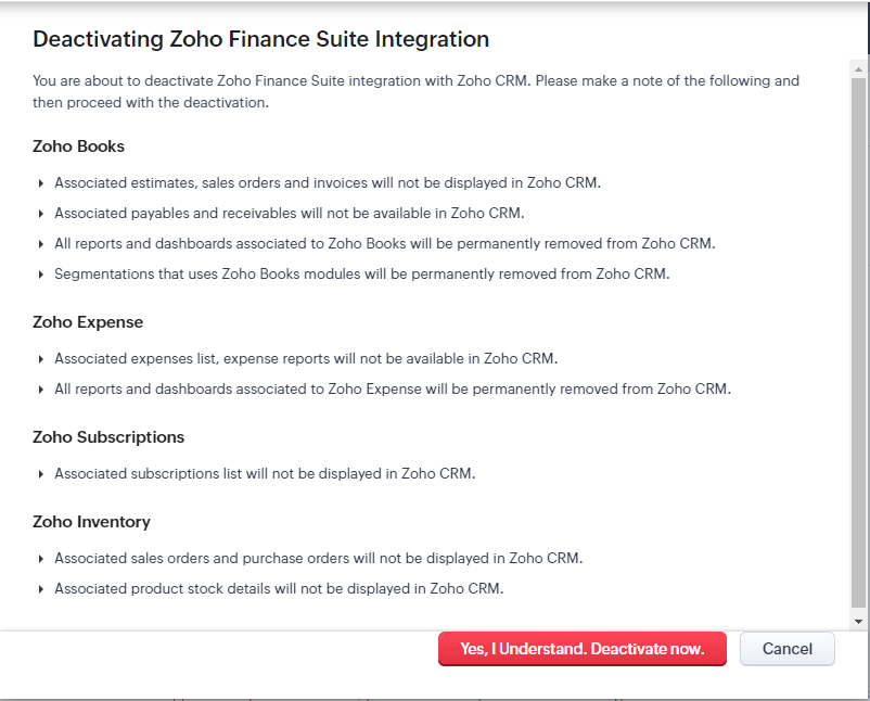 Deactivating Zoho Finance Suite Integration