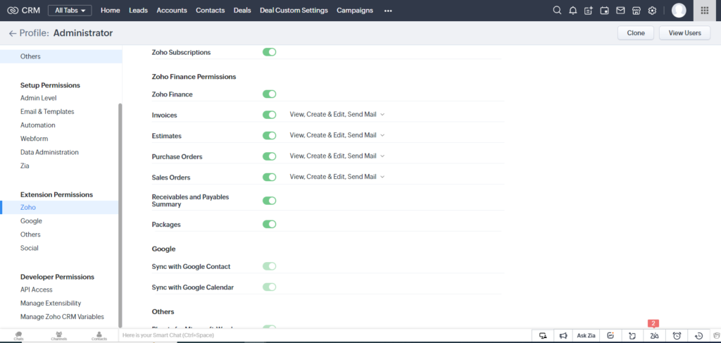 Zoho finance Permissions