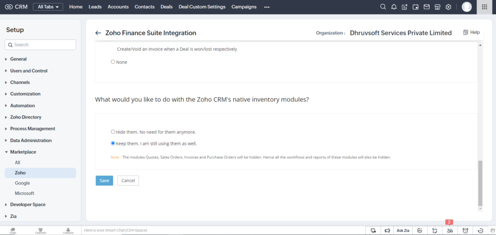 Zoho CRM native inventory modules