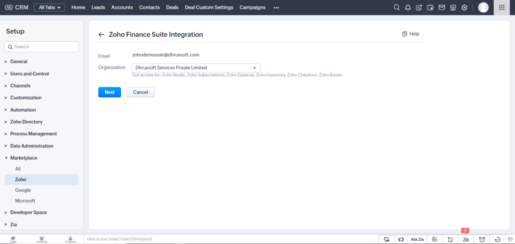 Zoho Finance Suite integration process