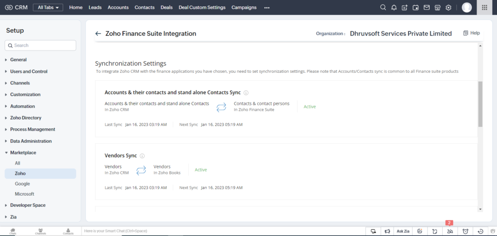 Zoho finance synchronization settings